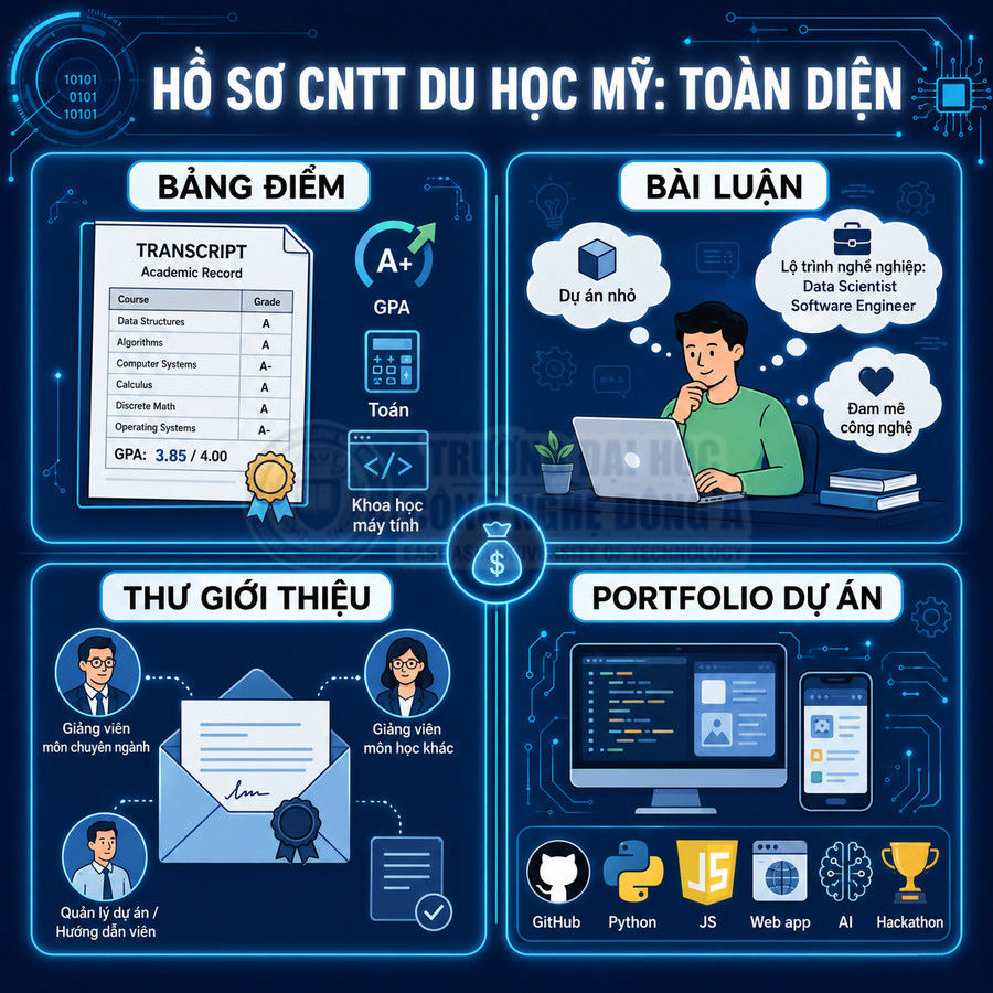 Infographic hồ sơ du học Mỹ ngành CNTT gồm bảng điểm, bài luận, thư giới thiệu và portfolio dự án lập trình