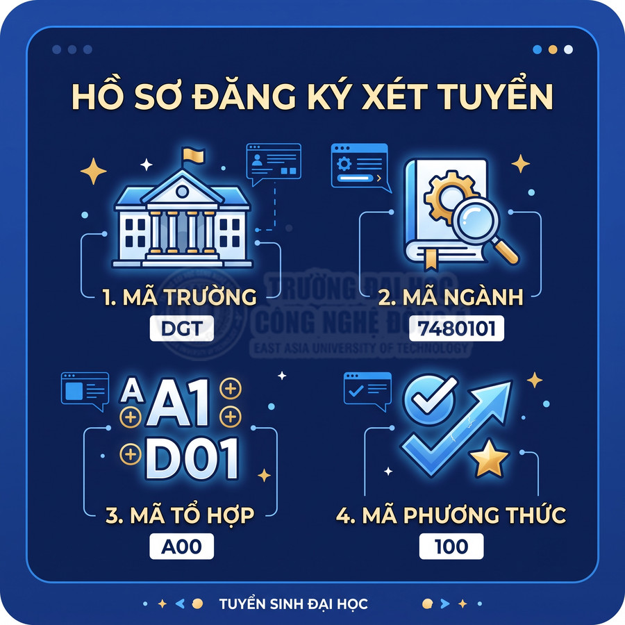 Hướng dẫn hồ sơ đăng ký xét tuyển đại học với mã trường DGT, mã ngành 7480101, mã tổ hợp A00, A1, D01, mã phương thức 100
