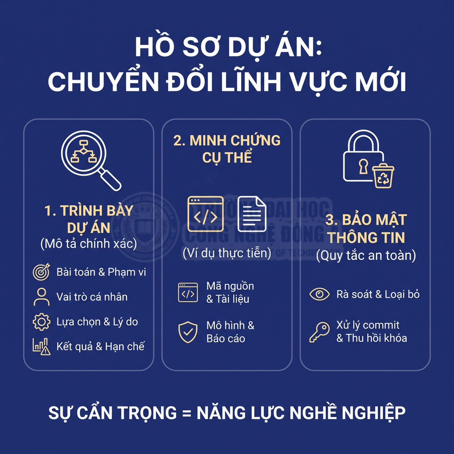 Hồ sơ dự án chuyển đổi lĩnh vực mới gồm trình bày dự án, minh chứng cụ thể và bảo mật thông tin