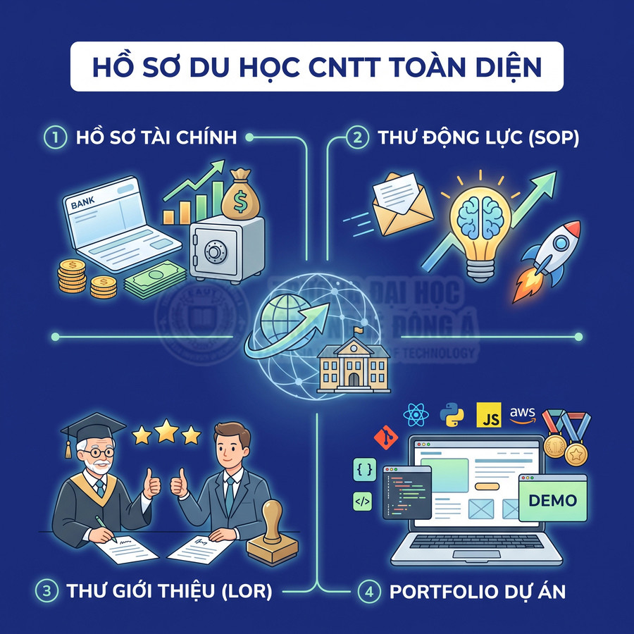Hồ sơ du học CNTT toàn diện với tài chính, thư động lực, thư giới thiệu và portfolio dự án lập trình