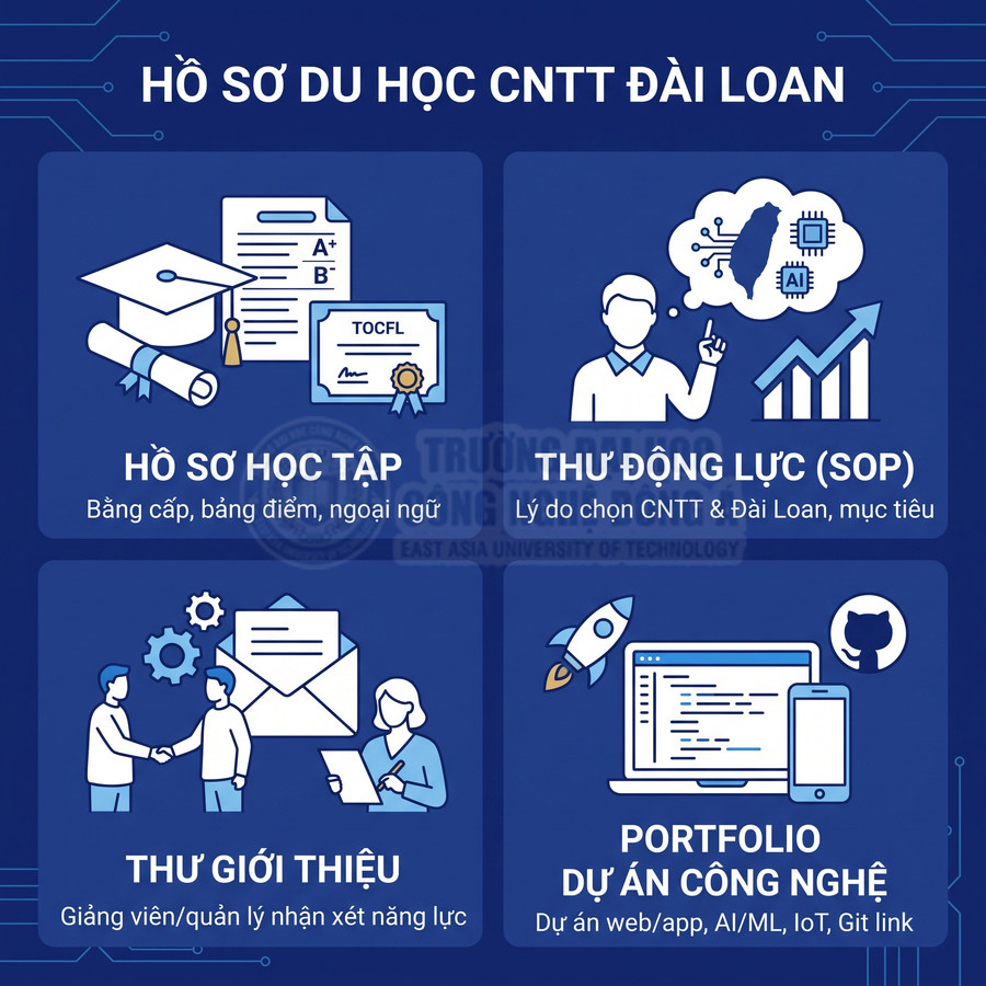 Hướng dẫn chuẩn bị hồ sơ du học CNTT Đài Loan gồm hồ sơ học tập, thư động lực, thư giới thiệu và portfolio dự án
