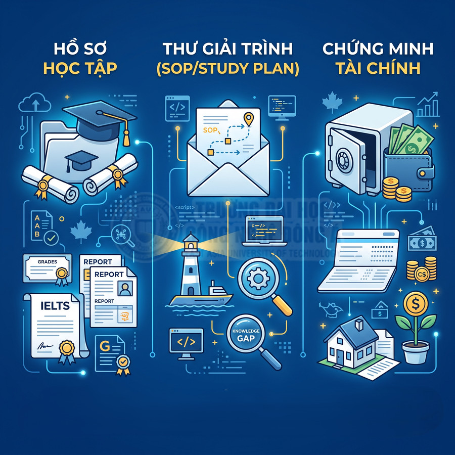 Minh họa các bước chuẩn bị hồ sơ du học gồm hồ sơ học tập, thư giải trình và chứng minh tài chính
