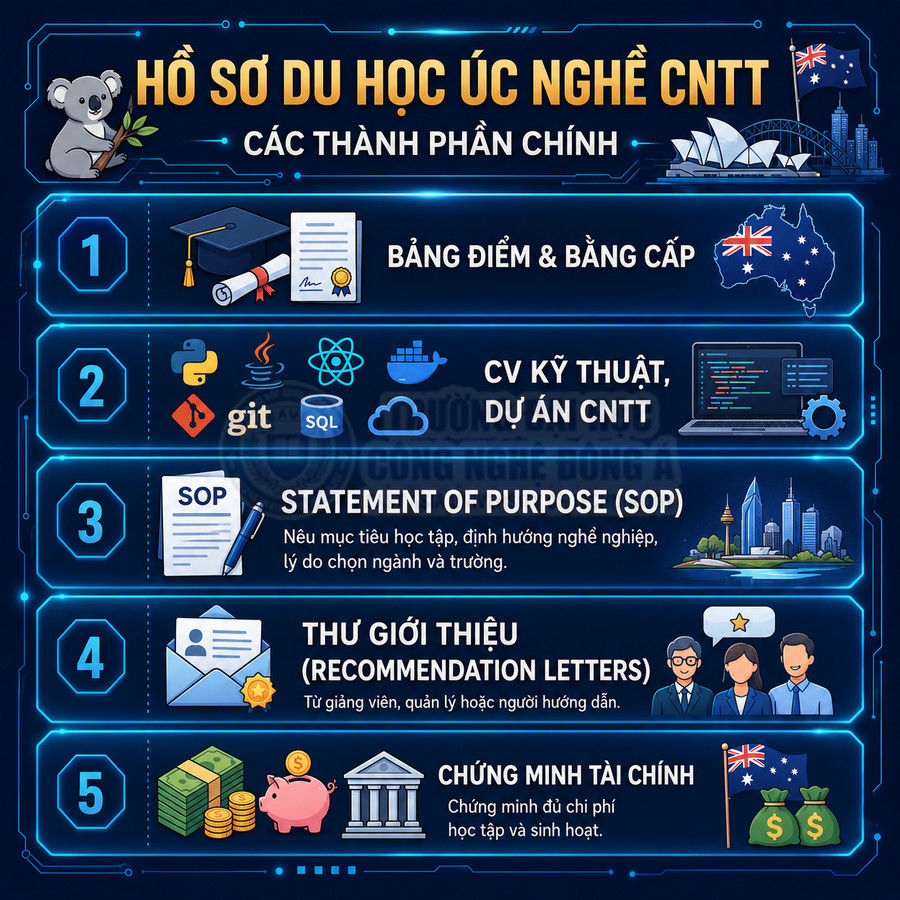 Infographic hướng dẫn chuẩn bị hồ sơ du học Úc ngành công nghệ thông tin với 5 thành phần chính