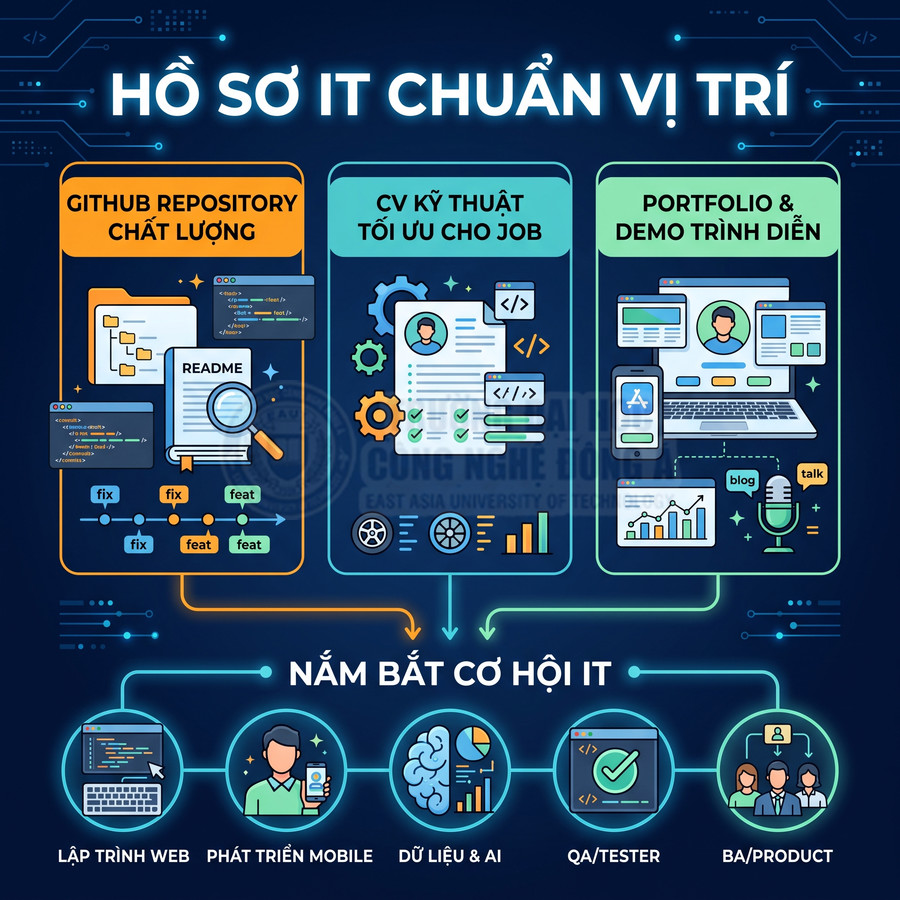 Hướng dẫn xây dựng hồ sơ IT chuẩn với GitHub chất lượng, CV kỹ thuật, portfolio demo và các vị trí nghề nghiệp IT