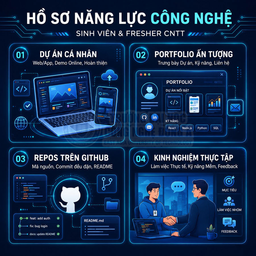Infographic hồ sơ năng lực công nghệ cho sinh viên CNTT với dự án cá nhân, portfolio, GitHub và kinh nghiệm thực tập