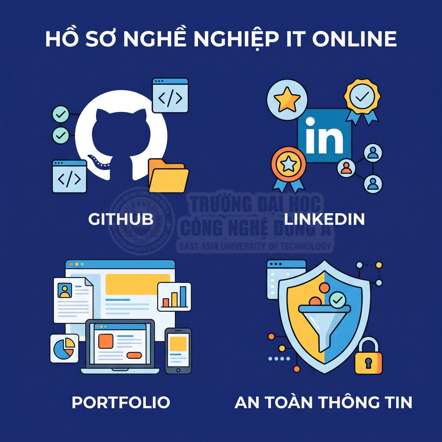 Minh họa hồ sơ nghề nghiệp IT online với GitHub, LinkedIn, portfolio cá nhân và biểu tượng an toàn thông tin