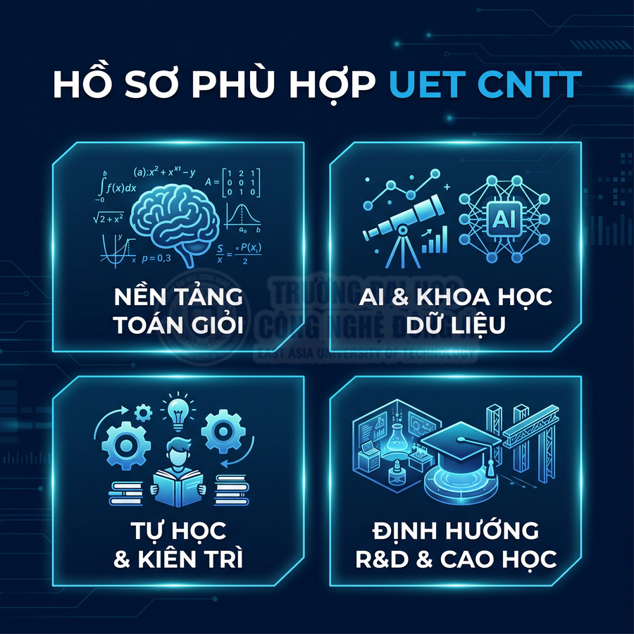 Poster tiêu chí hồ sơ phù hợp ngành CNTT UET với nền tảng toán, AI, tự học và định hướng R&D cao học
