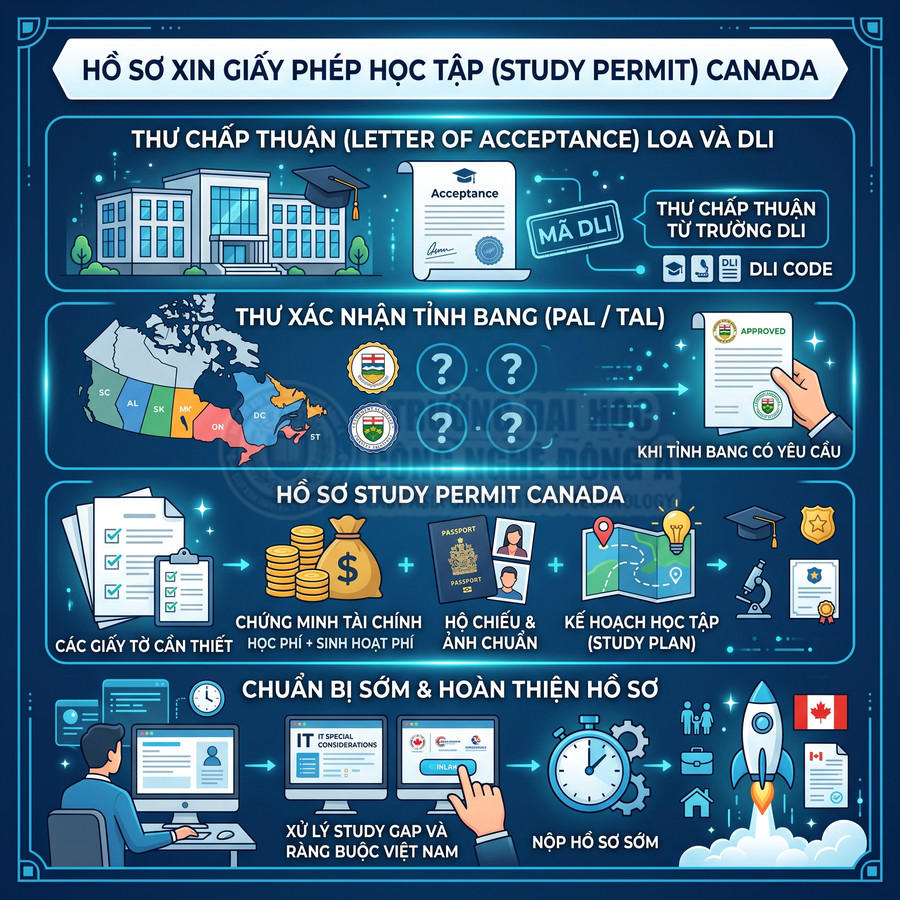 Infographic hướng dẫn chuẩn bị hồ sơ xin giấy phép học tập Canada với các bước và giấy tờ cần thiết