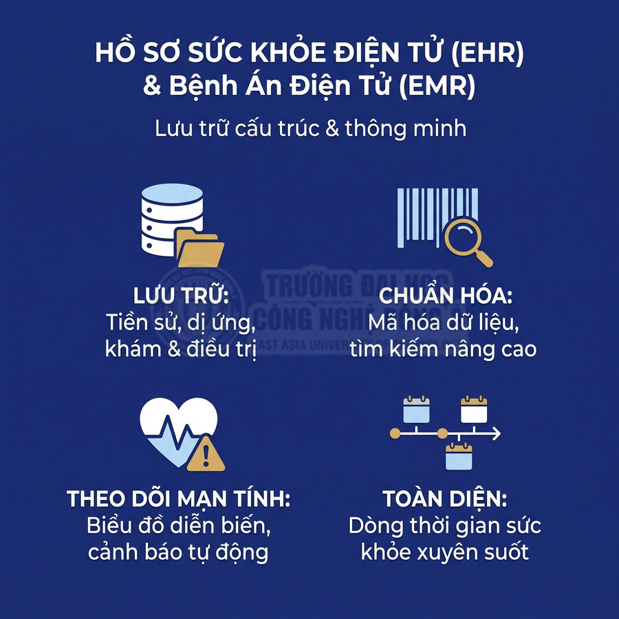 Hồ sơ sức khỏe điện tử EHR và bệnh án điện tử EMR lưu trữ dữ liệu, theo dõi bệnh mạn tính và lịch sử sức khỏe xuyên suốt