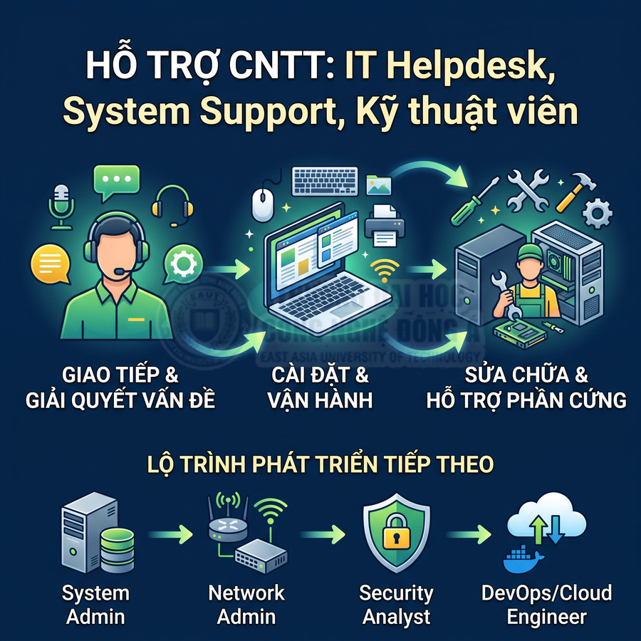 Mô tả công việc IT Helpdesk, System Support, kỹ thuật viên và lộ trình phát triển System Admin đến DevOps