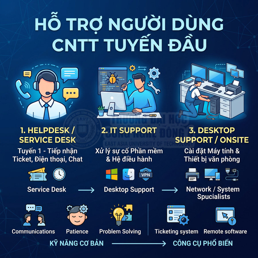 Infographic mô tả các vị trí hỗ trợ người dùng CNTT: helpdesk, IT support, desktop support và kỹ năng cần thiết