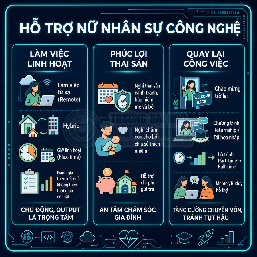Infographic hỗ trợ nữ nhân sự công nghệ với làm việc linh hoạt, phúc lợi thai sản và chương trình quay lại công việc