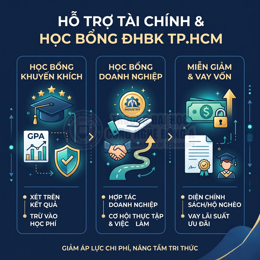 Chương trình hỗ trợ tài chính và học bổng ĐHBK TP.HCM gồm học bổng khuyến khích, doanh nghiệp, miễn giảm và vay vốn