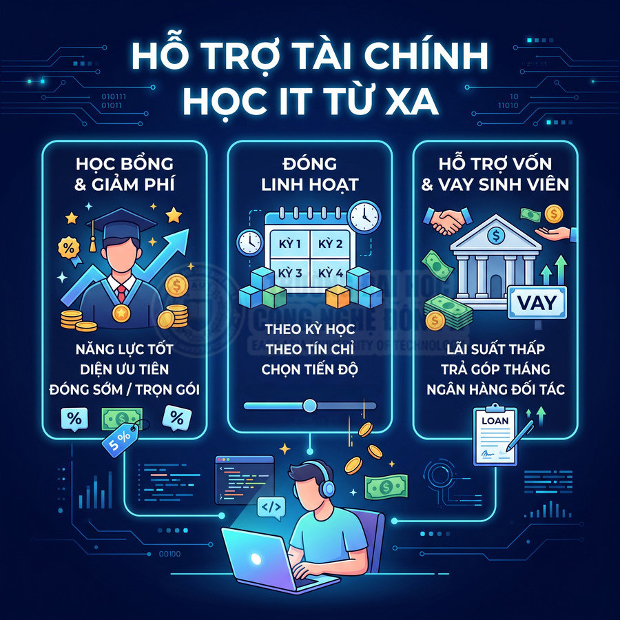 Hỗ trợ tài chính cho sinh viên học IT từ xa với học bổng, đóng học phí linh hoạt và vay vốn lãi suất thấp