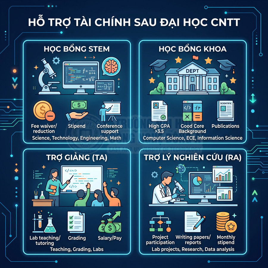 Infographic các hình thức hỗ trợ tài chính sau đại học ngành CNTT như học bổng STEM, học bổng khoa, trợ giảng, trợ lý nghiên cứu