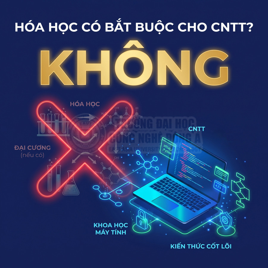 Thiết kế minh họa khẳng định học công nghệ thông tin không bắt buộc môn hóa học, nhấn mạnh kiến thức khoa học máy tính