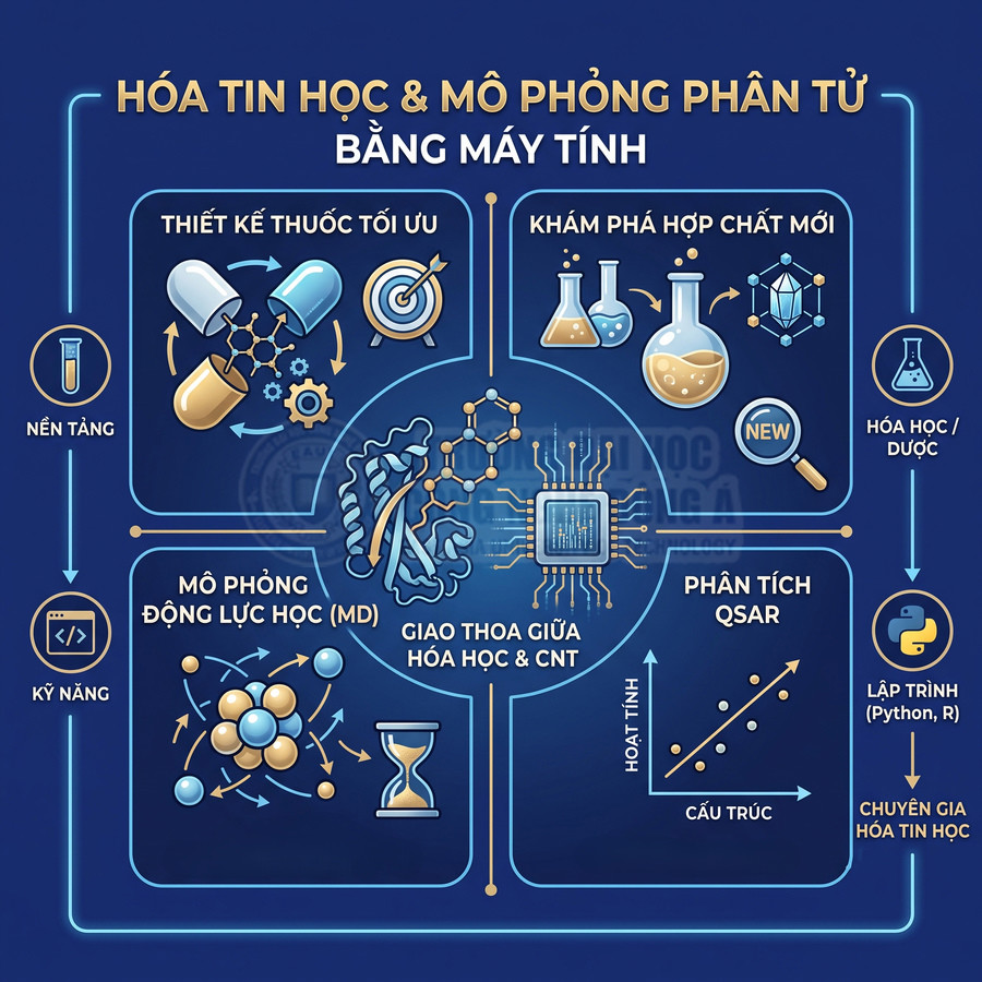 Infographic hóa tin học và mô phỏng phân tử bằng máy tính trong thiết kế thuốc và khám phá hợp chất mới