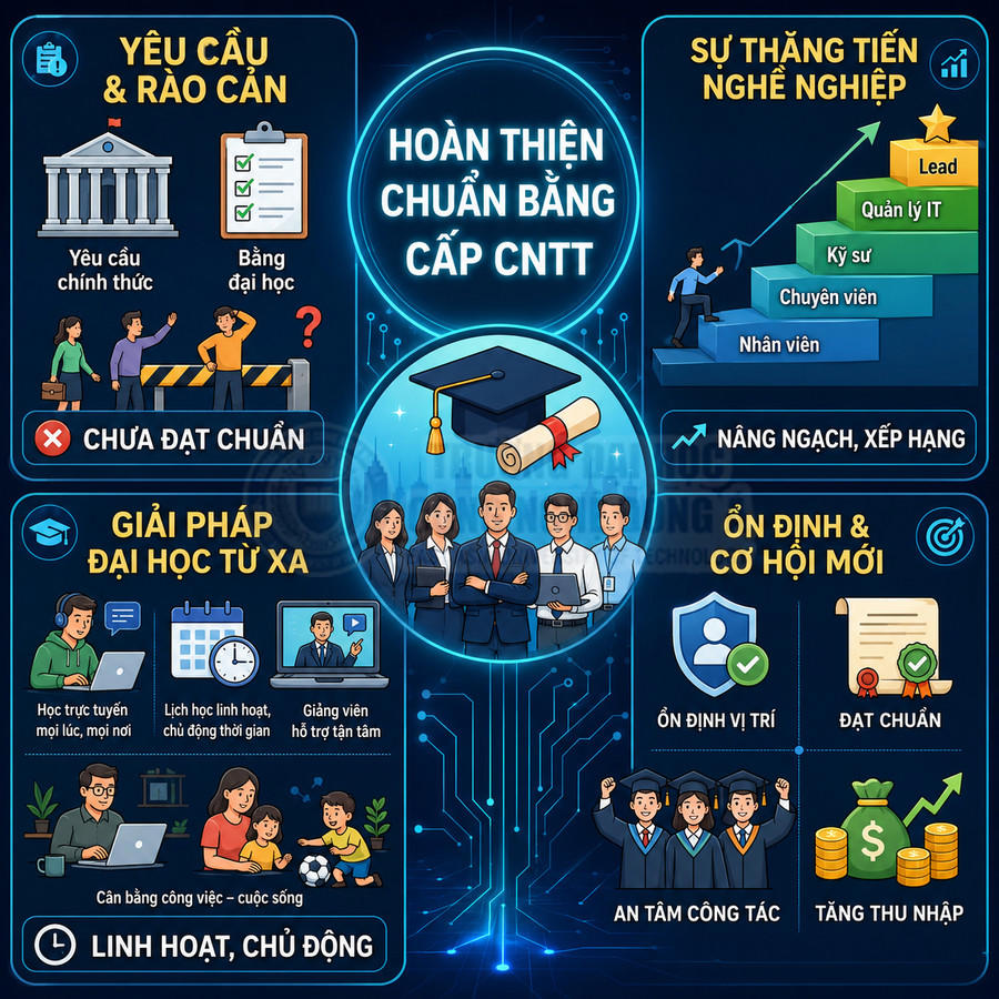 Infographic giới thiệu giải pháp học đại học CNTT từ xa giúp hoàn thiện bằng cấp, thăng tiến nghề nghiệp và tăng thu nhập