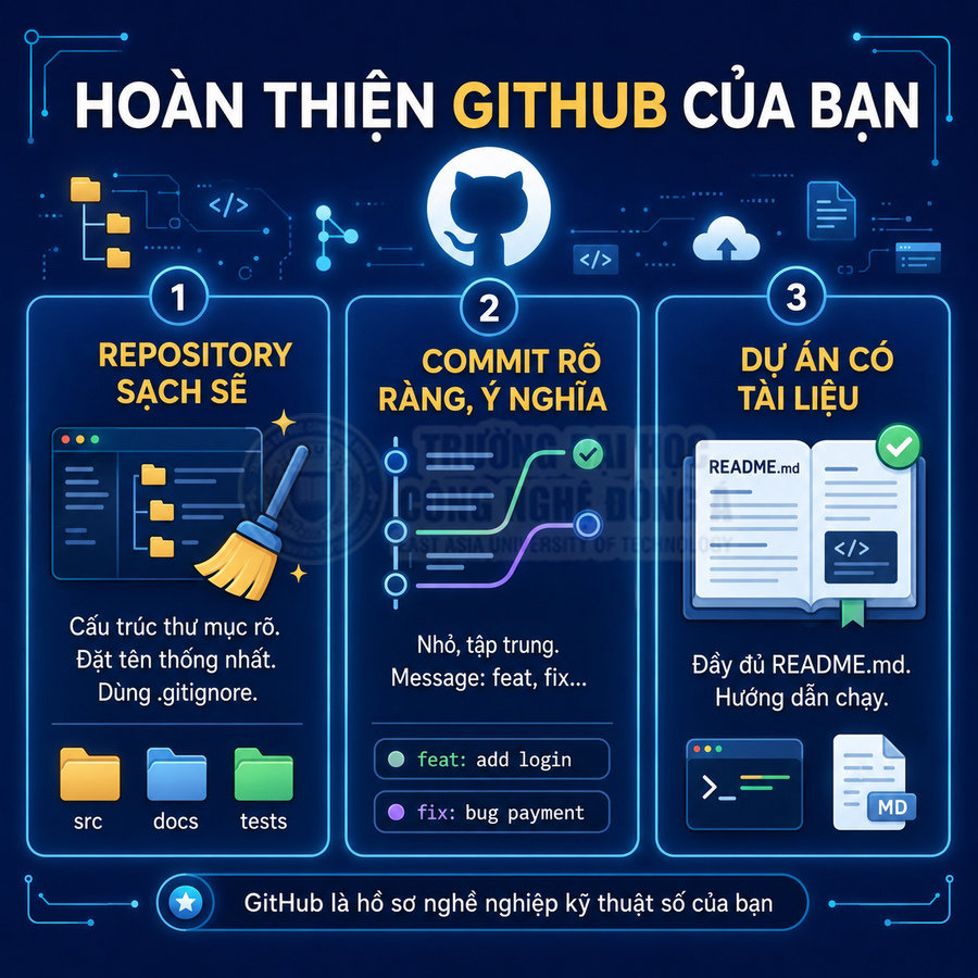 Hướng dẫn tối ưu hồ sơ GitHub với repository sạch, commit rõ ràng và dự án có tài liệu README đầy đủ