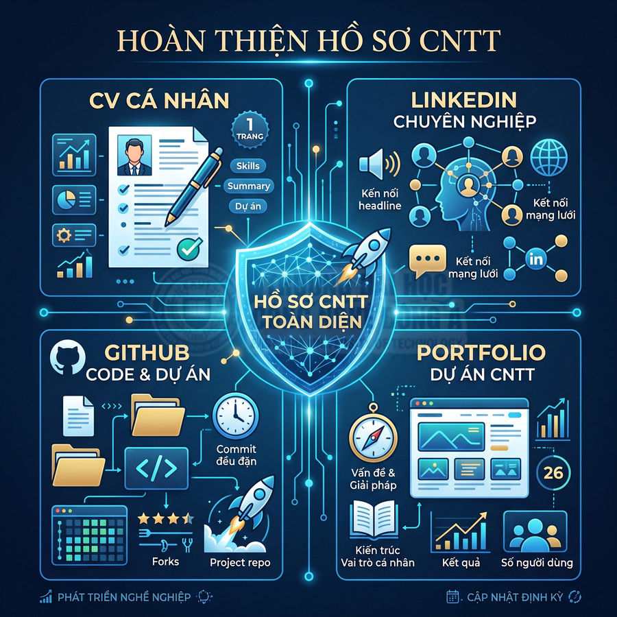 Infographic hướng dẫn hoàn thiện hồ sơ CNTT với CV cá nhân, LinkedIn, GitHub và portfolio dự án lập trình