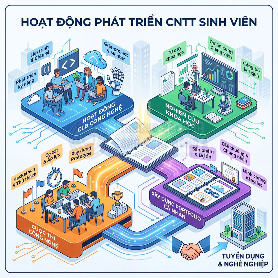 Hoạt động phát triển CNTT cho sinh viên gồm CLB công nghệ, nghiên cứu khoa học, cuộc thi và xây dựng portfolio cá nhân