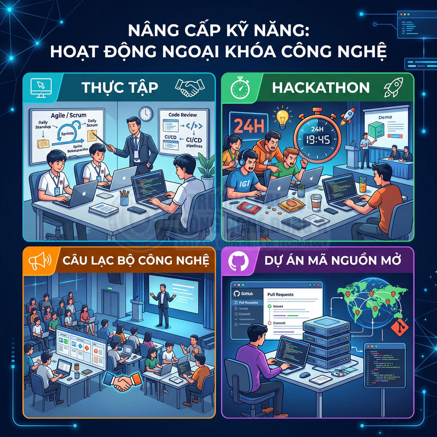 Hoạt động ngoại khóa công nghệ cho sinh viên gồm thực tập, hackathon, câu lạc bộ và dự án mã nguồn mở