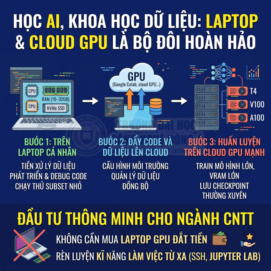Mô hình học AI khoa học dữ liệu dùng laptop cá nhân kết hợp cloud GPU để huấn luyện mô hình lớn