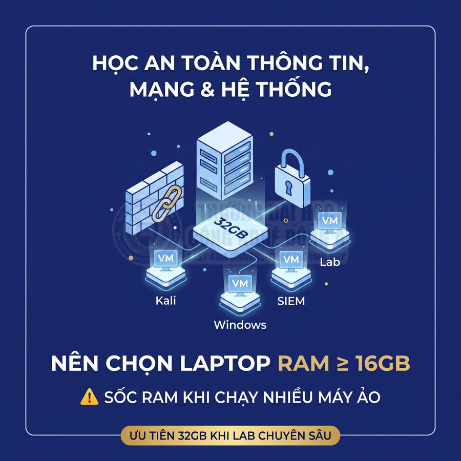 Banner khuyến nghị chọn laptop RAM từ 16GB đến 32GB để học an toàn thông tin và chạy nhiều máy ảo