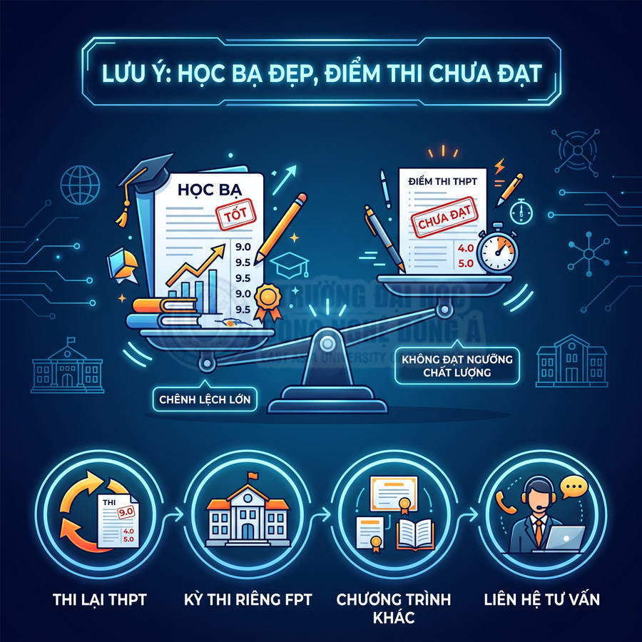 Minh họa học bạ điểm cao nhưng điểm thi THPT thấp và các lựa chọn thi lại, xét tuyển, tư vấn