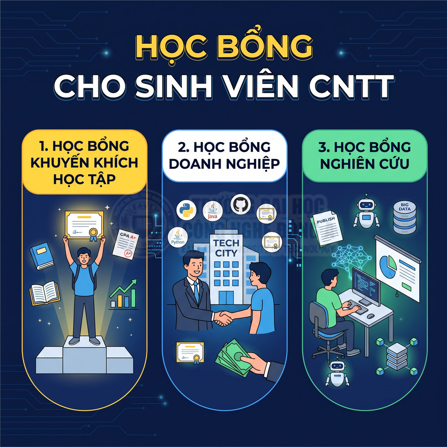 Học bổng cho sinh viên CNTT gồm học bổng khuyến khích học tập, doanh nghiệp và nghiên cứu với minh họa trực quan