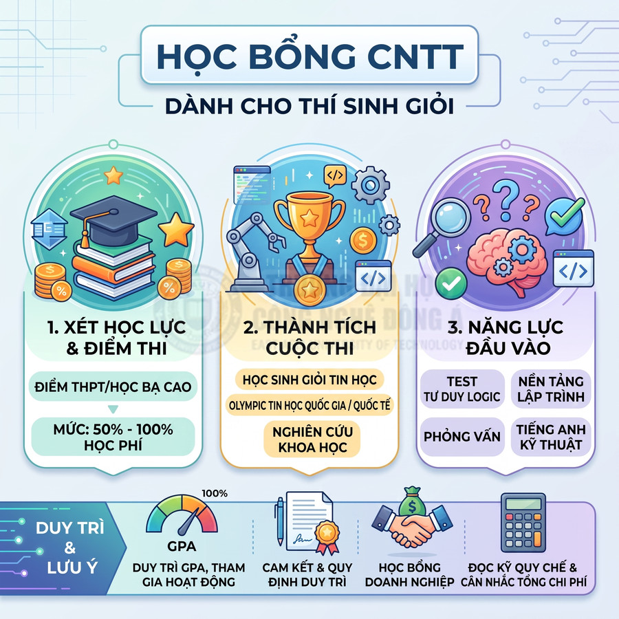 Infographic học bổng CNTT cho thí sinh giỏi với tiêu chí xét học lực, thành tích cuộc thi và năng lực đầu vào