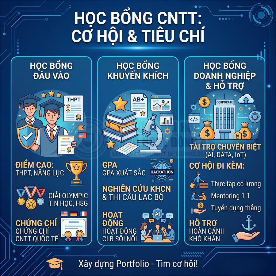 Học bổng CNTT cơ hội và tiêu chí gồm học bổng đầu vào, khuyến khích, doanh nghiệp và hỗ trợ sinh viên