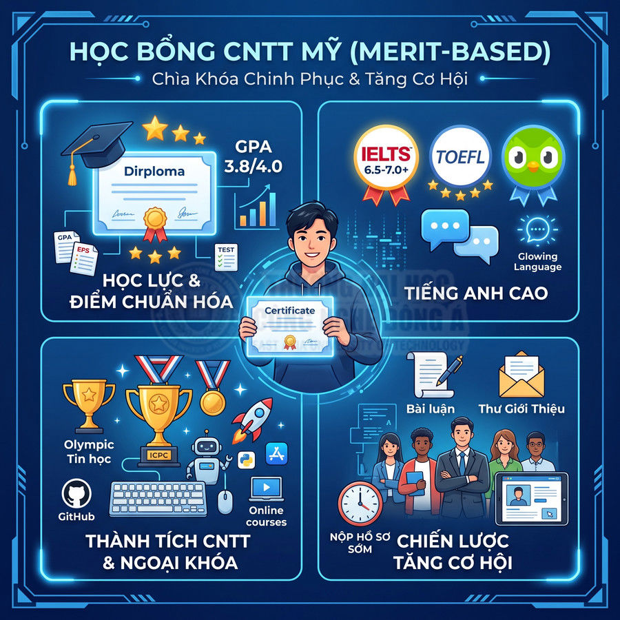 Infographic học bổng CNTT Mỹ merit based với các tiêu chí GPA, IELTS TOEFL, thành tích CNTT và chiến lược hồ sơ