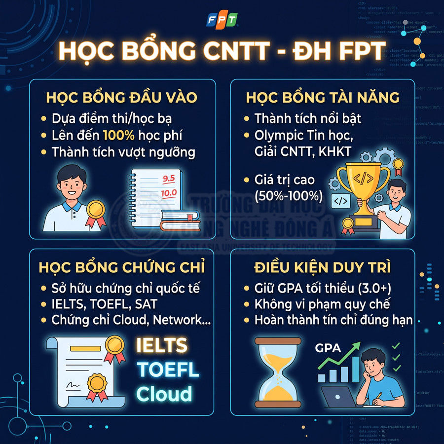 Học bổng CNTT Đại học FPT gồm học bổng đầu vào, tài năng, chứng chỉ và điều kiện duy trì GPA