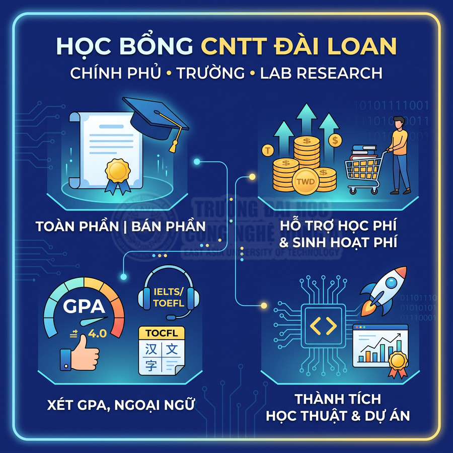 Poster giới thiệu học bổng CNTT Đài Loan với hỗ trợ học phí, sinh hoạt phí, xét GPA, ngoại ngữ và thành tích dự án