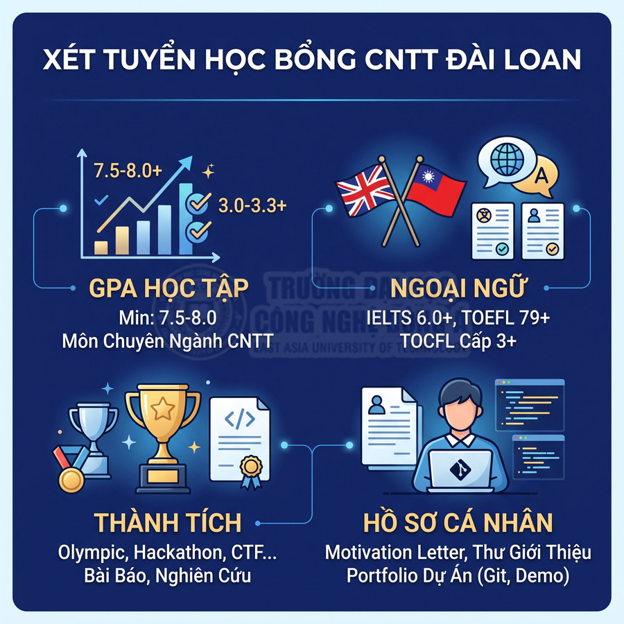 Infographic điều kiện xét tuyển học bổng CNTT Đài Loan về GPA, ngoại ngữ, thành tích và hồ sơ cá nhân
