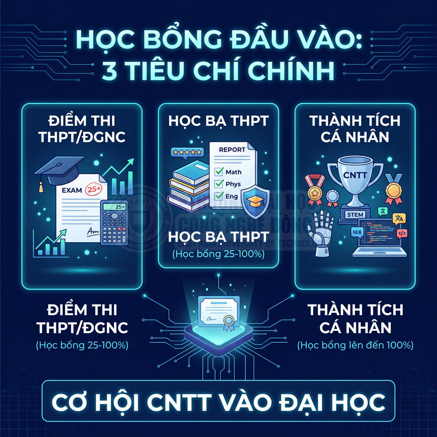 Học bổng đầu vào ngành CNTT với 3 tiêu chí chính điểm thi THPT học bạ THPT và thành tích cá nhân