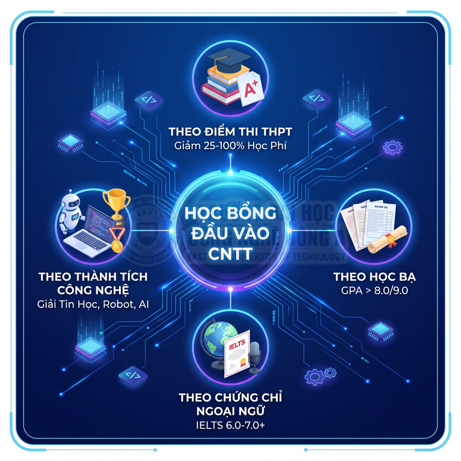 Học bổng đầu vào CNTT với các hình thức xét theo điểm thi THPT, học bạ, thành tích công nghệ và chứng chỉ IELTS