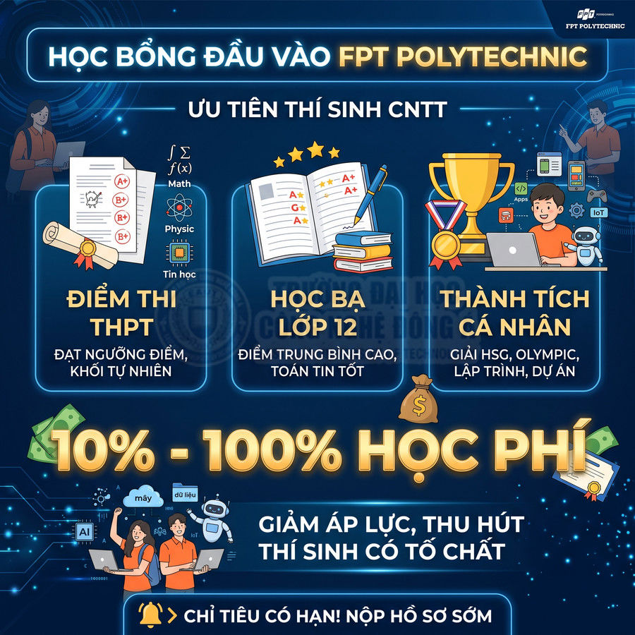 Poster học bổng đầu vào FPT Polytechnic ngành CNTT, ưu tiên điểm thi THPT, học bạ lớp 12 và thành tích cá nhân