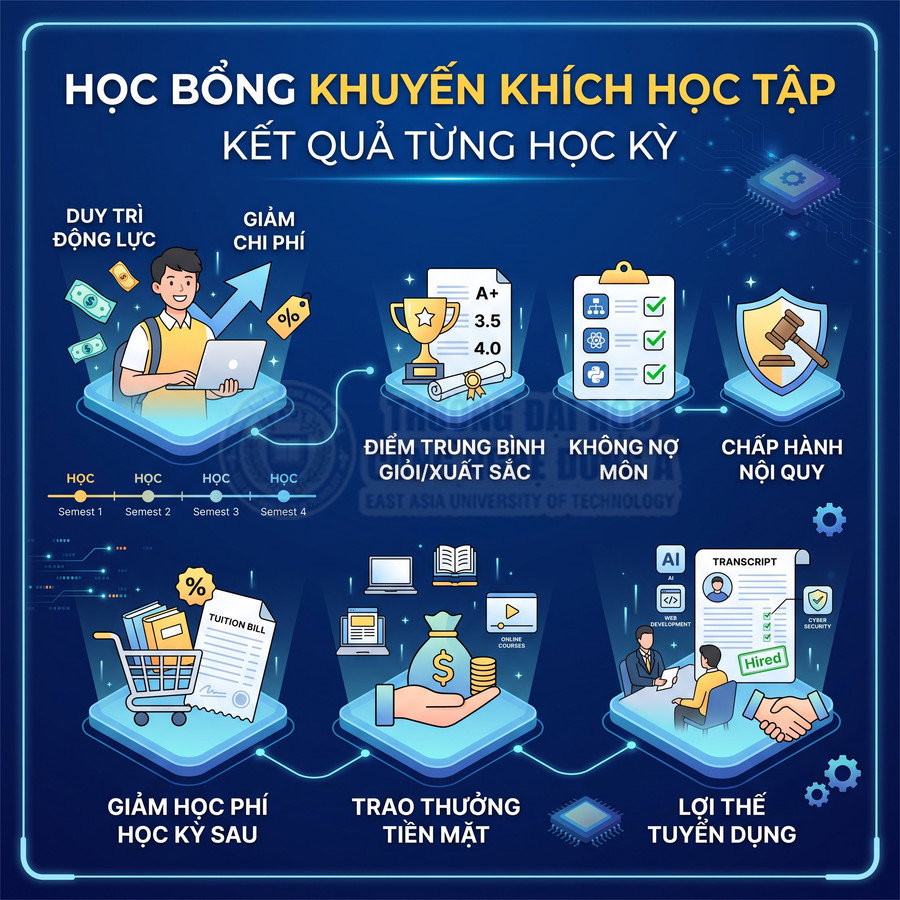 Infographic học bổng khuyến khích học tập, điều kiện điểm cao, không nợ môn và quyền lợi giảm học phí, thưởng tiền, lợi thế tuyển dụng