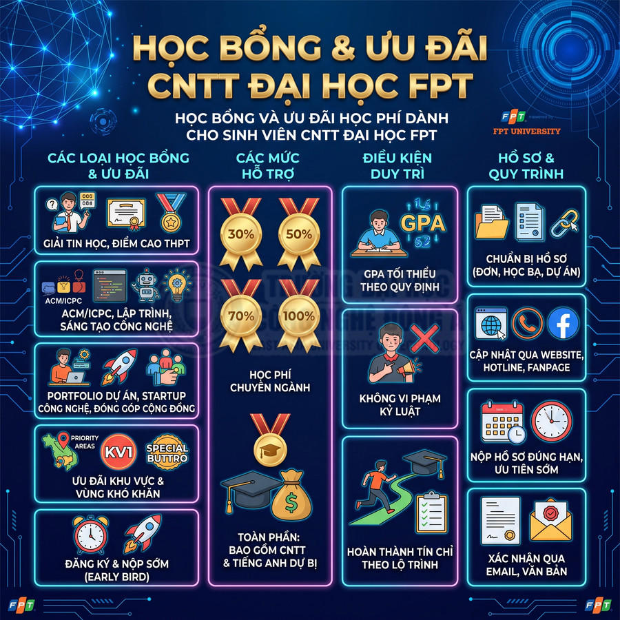 Học bổng và ưu đãi học phí ngành CNTT Đại học FPT với các mức hỗ trợ 30 50 70 100 phần trăm