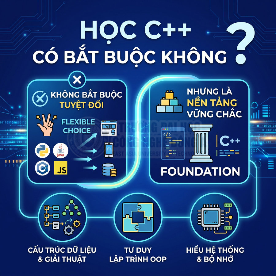 Infographic giải thích học C++ có bắt buộc không và lợi ích nền tảng về cấu trúc dữ liệu, OOP, hệ thống và bộ nhớ