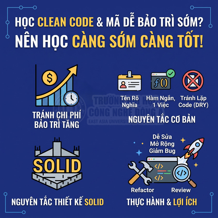 Poster giới thiệu lợi ích học clean code, nguyên tắc SOLID và thực hành refactor review để giảm chi phí bảo trì code
