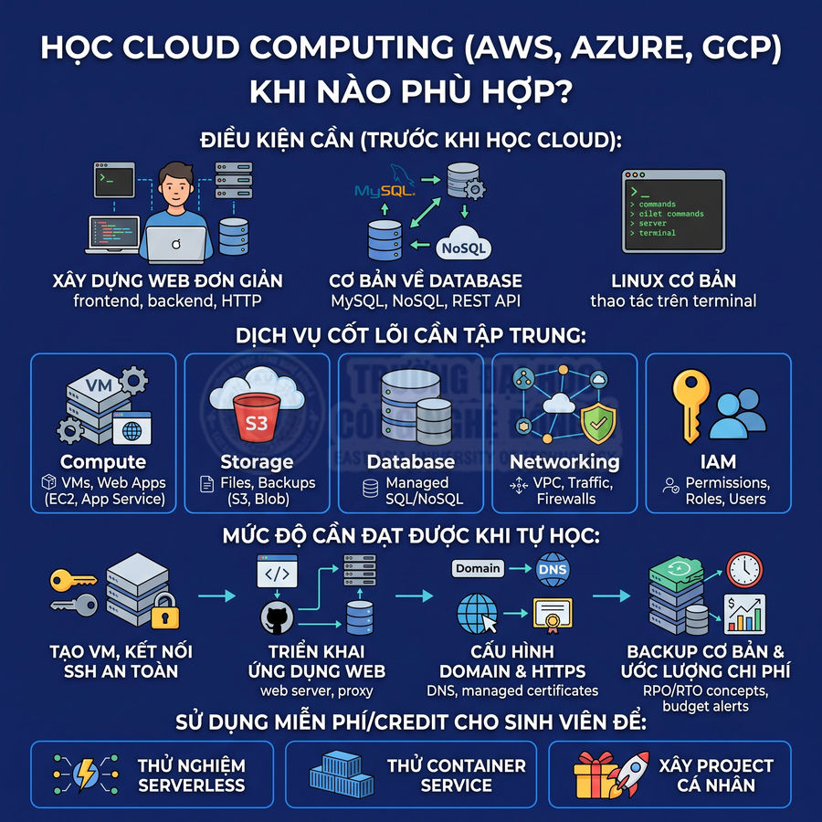 Infographic lộ trình học cloud computing AWS Azure GCP cho sinh viên với các dịch vụ và kỹ năng cần thiết