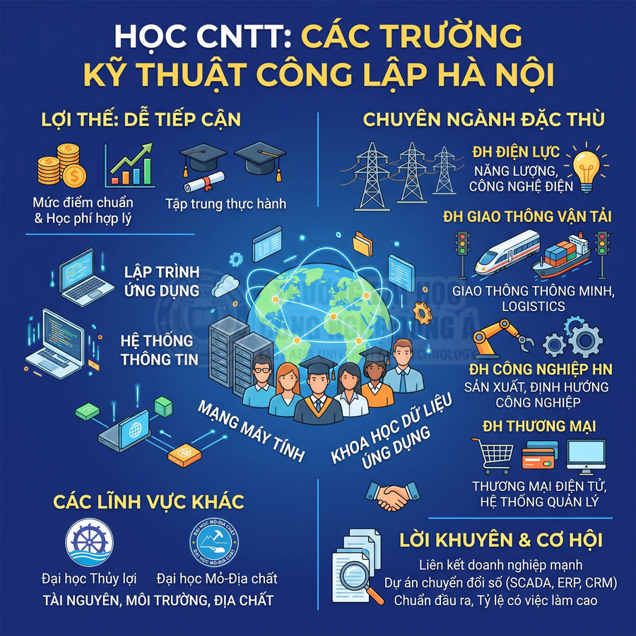 Infographic giới thiệu ngành học CNTT tại các trường đại học kỹ thuật công lập ở Hà Nội và cơ hội nghề nghiệp
