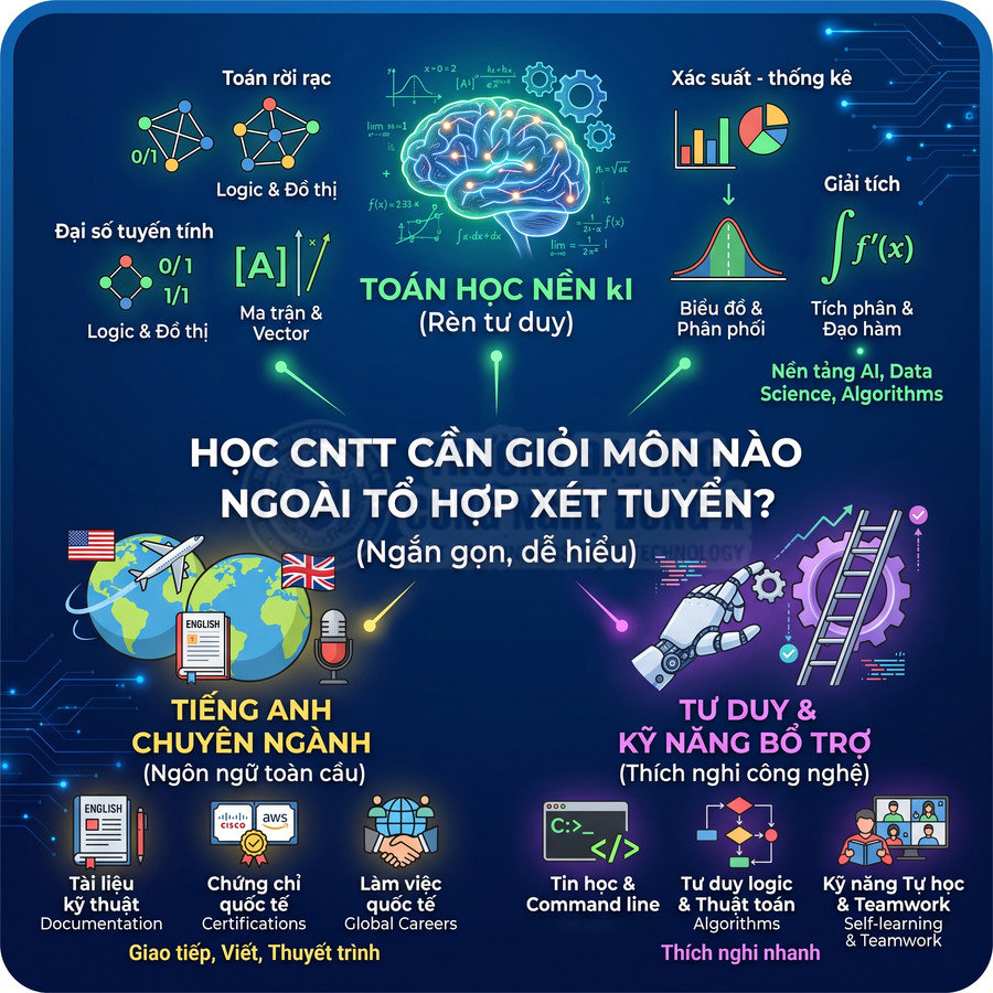 Infographic các môn quan trọng khi học công nghệ thông tin như toán nền tảng, tiếng Anh chuyên ngành, tư duy và kỹ năng bổ trợ