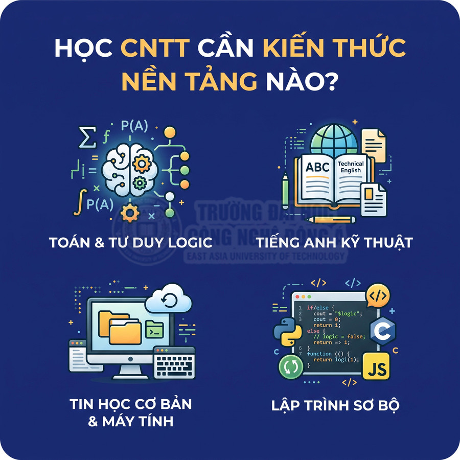 Kiến thức nền tảng cần có khi học công nghệ thông tin gồm toán logic, tiếng Anh kỹ thuật, tin học cơ bản và lập trình sơ bộ