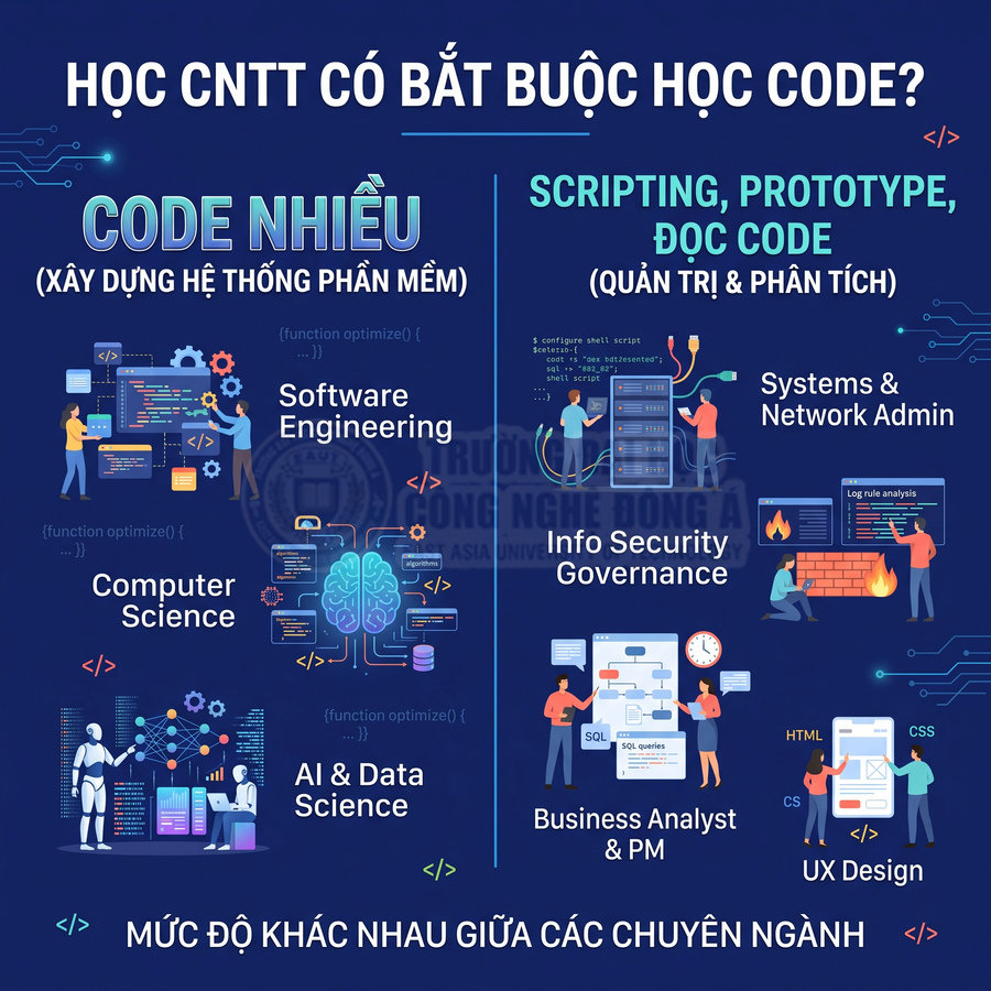 Infographic các chuyên ngành CNTT và mức độ cần học code như Software Engineering, AI, bảo mật, UX Design