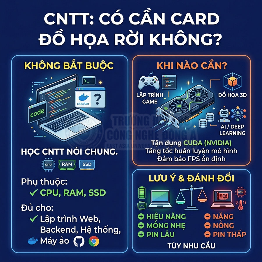 Infographic tư vấn học CNTT có cần card đồ họa rời, so sánh nhu cầu CPU RAM SSD với card NVIDIA