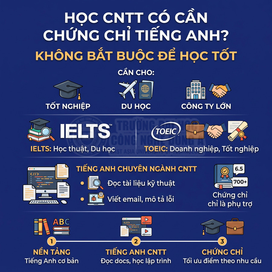 Infographic học CNTT có cần chứng chỉ tiếng Anh, so sánh IELTS TOEIC và tiếng Anh chuyên ngành CNTT